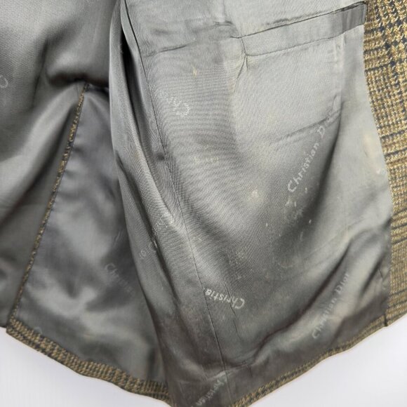 VINTAGE Tweed Houndstooth Dior Fabric Single Breasted Plaid Brown‎ Blazer L / XL - Picture 5 of 9